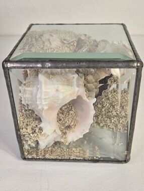 VTG Beveled Glass Sand Seashell Kaleidoscope Cube Keepsake Box Heavy Paper Weigh